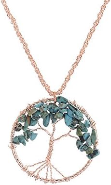 Y&amp;M Handmade Wire Wrapped Crystal Chips Amulet Tree of Life Chakra Reiki Healing Gemstone Beads Pendant Necklace for Women (Dark Green Round)