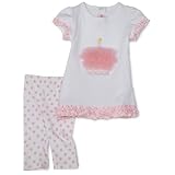 Mud Pie Baby Birthday White Cotton Tunic and Pink Polka-Dot Cotton-Spandex Legging Set, Cupcake, 12 Months