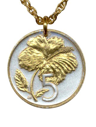 Gorgeous 2-Toned 24k Gold on Sterling Silver World Coin Necklace - Cook Islands 5 cent "Hibiscus" (penny size)