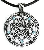 Pewter Pentagram Pagan Pendant w/5 Swarovski Crystal Aquamarine March Birthstones, Leather Necklace
