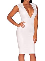 Sexy V-neck Summer Plunging Neck Faux-Leather Cocktail Sleeveless Club Dress/Party Dress/Midi Dress 