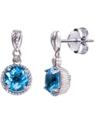 Sterling Silver Swiss Blue Topaz and Diamond Drop Earrings