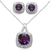 Sterling Silver Cushion Amethyst and Diamond Ring, Pendant, Earring Box Set, Size 7
