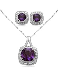 Sterling Silver Cushion Amethyst and Diamond Ring, Pendant Necklace, Earrings Box Set, Size 7