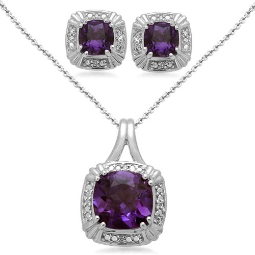 Sterling Silver Cushion Amethyst and Diamond Ring - Pendant - Earring Box Set - Size 7