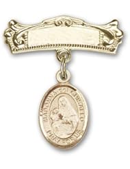 14K Gold Baby Badge with St. Madonna Del Ghisallo Charm and Arched Polished Badge Pin