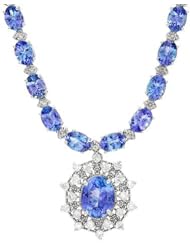 14K White Gold 2.8 CTW Color H-J SI3 Diamond and 3.55 CTW Tanzanite Ladies Necklace. Length 17.25 in. Total Item weight 27.9 g.