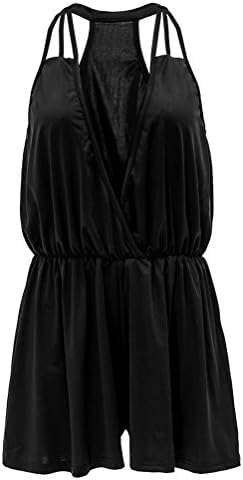Bamovo Women'S Casual Rompers Wrap Stretchy Tie Waist Black Jumsuits Overalls