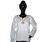 Yoga Wear-Embroidered Aum White Womens Cotton Tunic Kurtis M