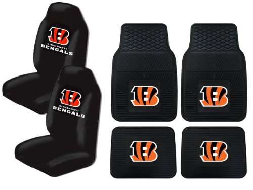 A Set of 4 NFL Universal Fit Front All-Weather Floor Mats and A Set of 2 Universal Fit Seat Covers - Cincinnati Bengals