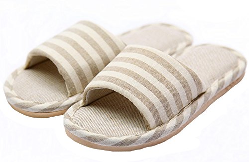 HW-GOODS Womens Khaki Stripe Open Toe Hemp Slippers