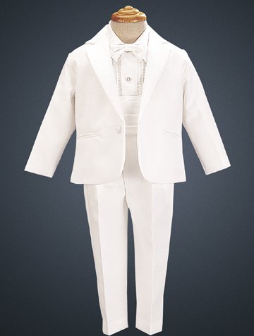 White Single Breasted Tuxedo with Satin Notch Lapel. Satin Cummerbund and Bowtie.