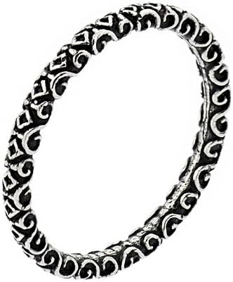 Antique Look Decorated Swirl Pattern Sterling Silver Stackable Band Ring