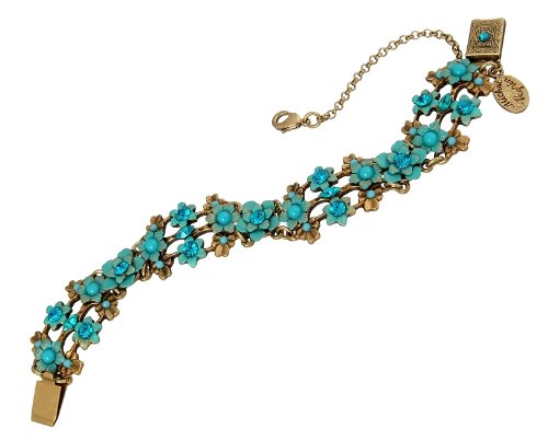 Charming Michal Negrin Bracelet Adorned with Hand Painted Flowers, Brass Ornaments and Turquoise Swarovski Crystals; Victorian Inspiration - Special Ordered and Shipped by Genuvo within 2 to 3 Weeks