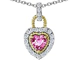 1.25 cts 925 Two Tone Sterling Silver and Created Heart Shaped Pink Tourmaline Pendant