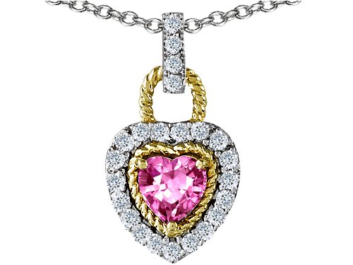 1.25 cts 925 Two Tone Sterling Silver and Created Heart Shaped Pink Tourmaline Pendant