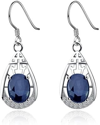 Sterling Silver With Oval Natural Blue Sapphire Drop Earrings for Women