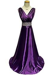 V-neck Satin Empire   Waistline Beaded Evening Dress/Mother-of-the-Bride Dress/Prom Dress/Wedding Party Dress 