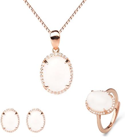 18K Rose Gold Plated Sterling Silver Natural White Jade Pendant Necklace, Rings, Earrings 18" YBJ-21