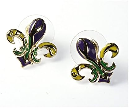 Mardi Gras Yellow and Purple Enamel Fleur De Lis Small Stud Earrings, 0.50"