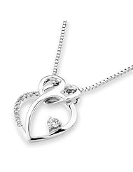 (X1000Diamond) 18K/750 White Gold Double Hearts Diamond Pendant W/925 Sterling Silver Chain (0.10 cttw, G-H Color, VS2-SI1 Clarity)
