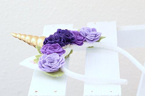 Gold Spiral Unicorn Horn Headband with Purple Ombre Flowers