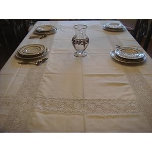 All State Alexandria Polyester Tablecloth with Lace-White/Cream 72x144