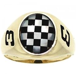 Men's Black Onyx Mother of Pearl 10K Yellow Gold #3 Checkered Flag Racing Ring