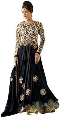 Rozdeal Women's Net Embroidery Floor Touch Anarkali Suit Free Size Black