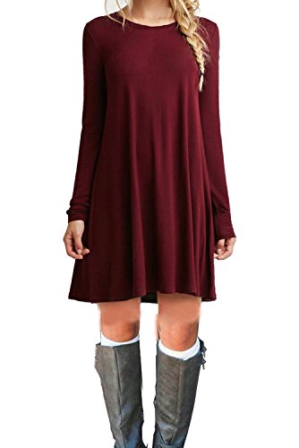 MOLERANI Women's Casual Plain Long Sleeve Simple T-shirt Loose Dress (XL, Wine Red)