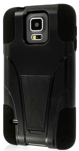 myLife Deep Night Black - Neo Hybrid Series (Built In Kickstand) 2 Piece + 2 Layer Case for NEW Galaxy S5 (5G) Smartphone by Samsung (External Hard Fit Armor With Built in Kick Stand + Internal Soft Silicone Rubberized Flex Gel Bumper Guard)