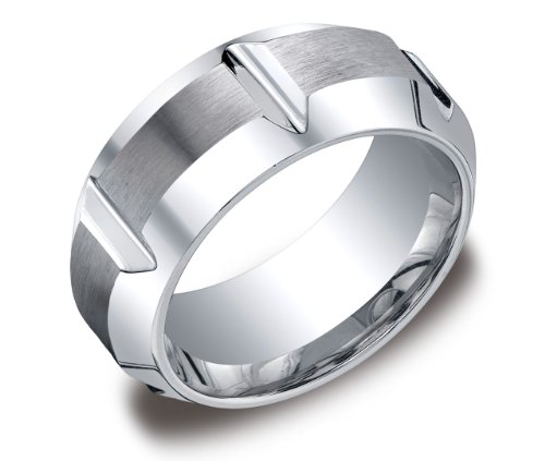 Mens Cobalt 10mm Comfort Fit Wedding Ring Band Satin Finish with Horizontal Cuts and Beveled Edges, Size 8.5