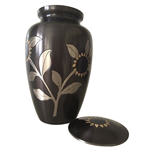 Large Adult Memorial Urns for Human Ashes USA Black Pewter Sunflower