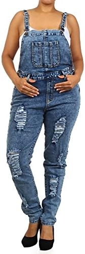 JB8540 - High Waist Plus Size Acid Wash Ripped Denim Jumper Skinny Overall in Washed Dark Blue Size 2XL