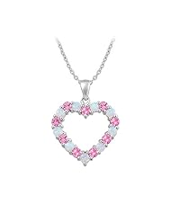 Created Pink Sapphire and Opal Heart Pendant in Sterling Silver