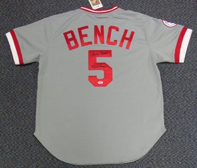 Johnny Bench Autographed/Hand Signed Mitchell & Ness Cincinnati Reds Gray Jersey 76 WS Champs PSA/DN