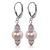 10 MM Pink Swarovski Pearl And Swarovski Crystal Sterling Silver Leverback 1.5 Long Drop Earrings
