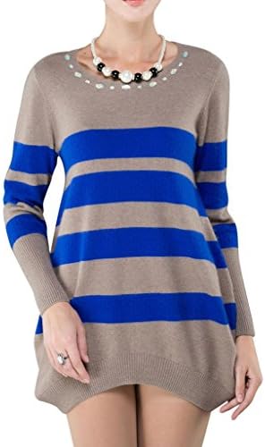 FOUQ Women's Premium Mink Cashmere Long Sleeve Striped Beaded Sweater Camel Blue M