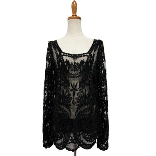 New Fashion Women Lace Black Retro Floral Knit Top Long Sleeve Crochet T Shirt (Color :Black)