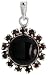 Sterling Silver Marcasite Cluster Pendant, w/ Round Cabochon 14 mm Jet Stone & Brilliant Cut Garnet Stones, 1 1/16" (27 mm) tall