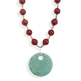 13mm Red Coral Beads, 2 3/8 in long Turquoise-dyed Howlite Drop Necklace, 16+2 in Ext., Box/Ribbon