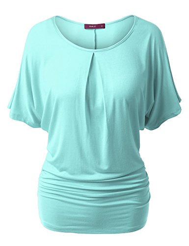 NINEXIS Womens Short Sleeve Round Neck Batwing Dolman Top with Shirred Sides (S-3XL)