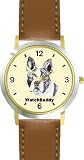 Boston Terrier (SC) Dog - WATCHBUDDY® DESIGNER DELUXE TWO-TONE THEME WATCH - Arabic Numbers-SAND & SOIL STYLE - Pale Yellow Dial with Brown Leather Strap-Women's Size-Small