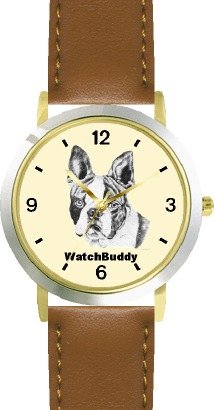 Boston Terrier (SC) Dog - WATCHBUDDY® DESIGNER DELUXE TWO-TONE THEME WATCH - Arabic Numbers-SAND & SOIL STYLE - Pale Yellow Dial with Brown Leather Strap-Women's Size-Small
