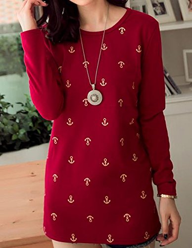 カットソー ラウンドネック Uネック 大きい サイズ 有 いかり 柄 トップス 長 袖 マリン コーデ シンプル T シャツ 赤 (オリジナル・ブレスレットとサシェセット)