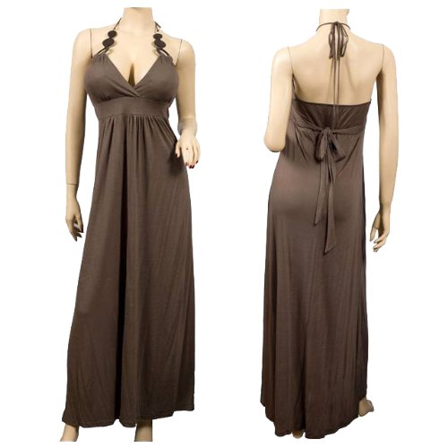 Click here to buy Sexy Chocolate Brown O-Ring Accent Low Cut Empire Waist Maxi Cocktail Halter Plus Size Dress.