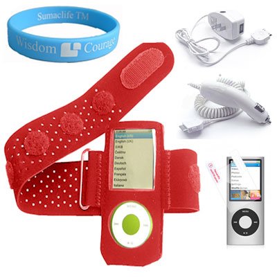 Red Workout Exercise Armband for Apple Ipod Nano 5th Generation + Screen Protector + Ipod Nano Wall Charger + Car Charger + Wristband