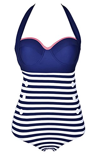 Cocoship Retro Navy White Two Tone Vintage Sailor Stripe One Piece Maillot Pin Up Swimsuit(FBA)