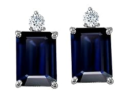 3.04 cttw 14k Gold Genuine Emerald Cut Sapphire and Diamon Earring Studs
