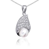 Dazzling and luminous Beauty: Sterling Silver Teardrop Pendant with Cultured Pearl and CZ Diamond